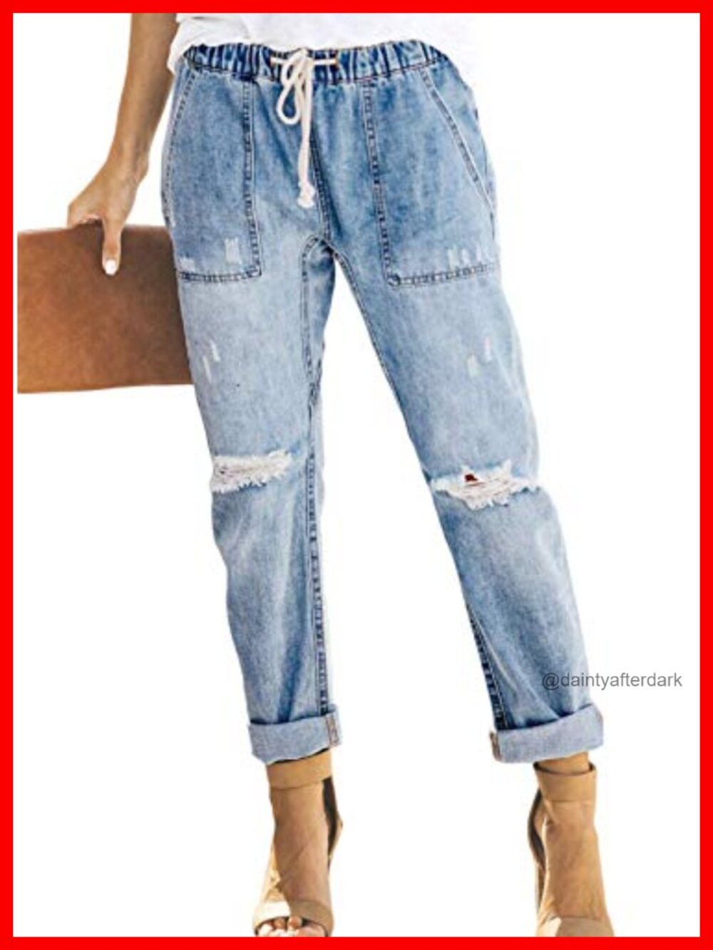 Women's Pull-On Stretch Denim Joggers Distressed Elastic Waist Straight Leg